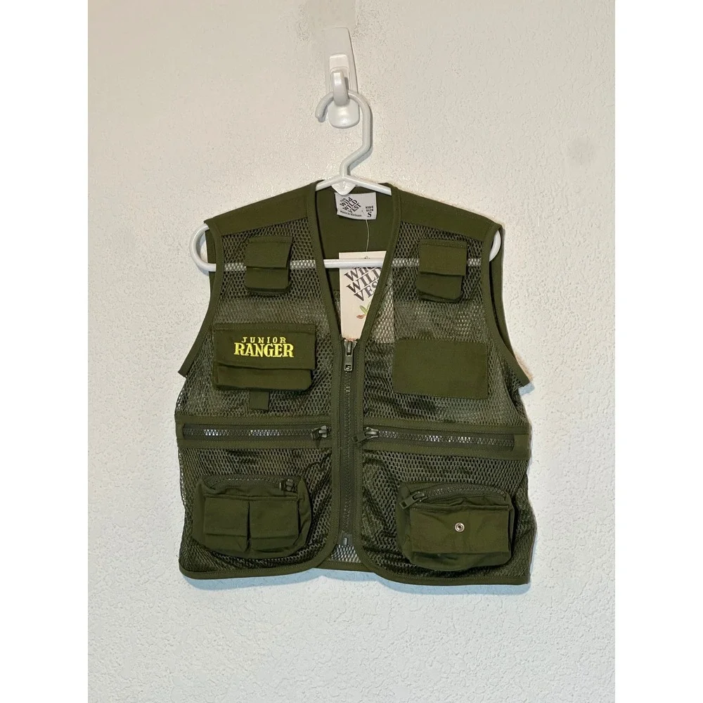 The Wild Wild Vest Kids Junior Ranger Utility Fishing Mesh Vest Olive Green S